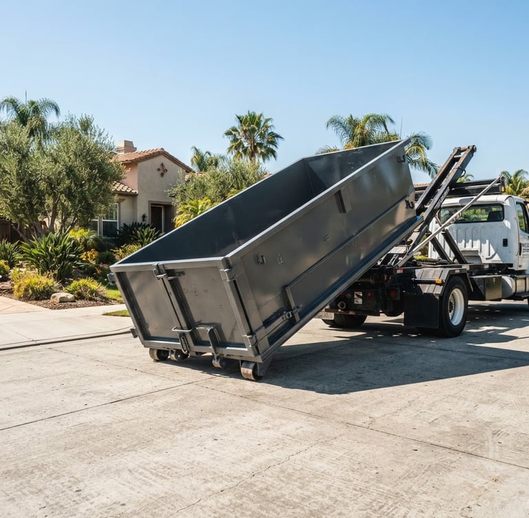 Low-angle wide shot of a clean steel roll-off dumpster being lowered onto a residential driveway in bright California daylight, crisp shadows, 35mm lens.