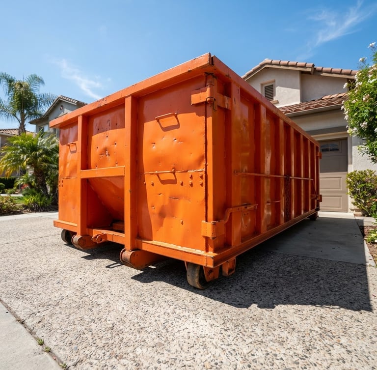 Low-angle wide shot of a clean, heavy-duty orange steel roll-off dumpster parked on a residential driveway in bright California daylight, sharp shadows, industrial textures
