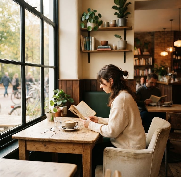 Eye-level environmental shot of a quiet café corner, warm morning window light casting soft shadows on natural wood tables and comfortable cream seating, 35mm