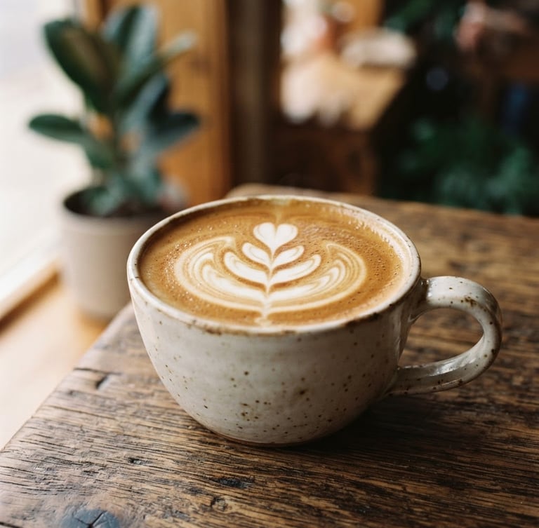 Close-up of a freshly poured latte with rich crema on a rustic wooden table, soft morning window light, warm editorial photography, 35mm