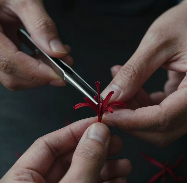 Close-up of hands carefully sorting deep crimson saffron stigmas with tweezers, against a dark background, moody directional side-lighting, shallow depth of field.