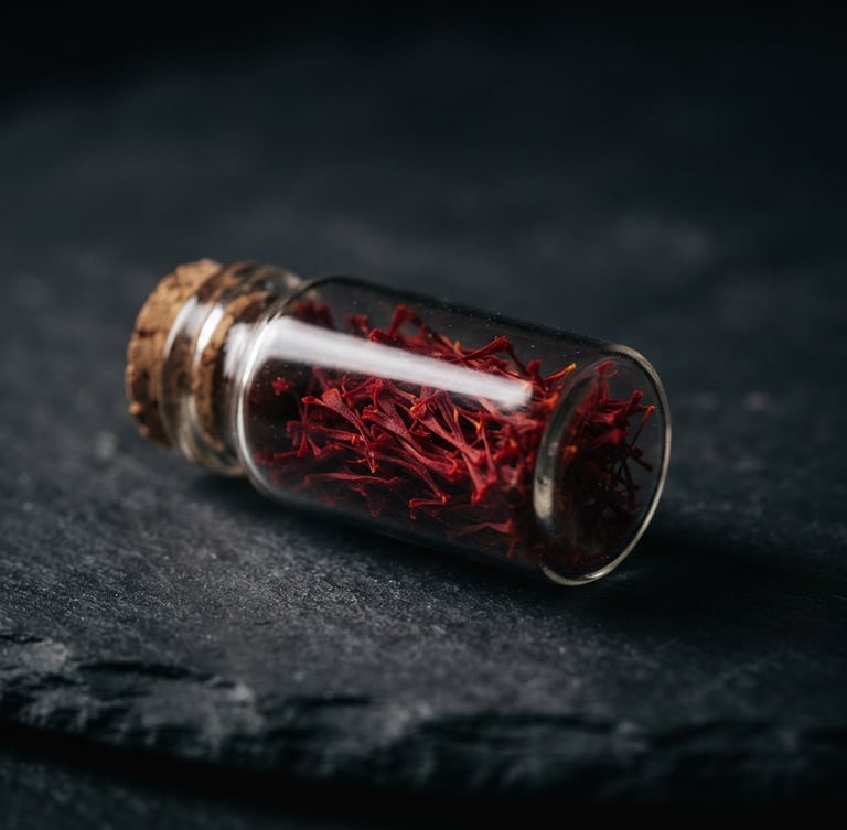 Moody macro photography of a single glass vial containing vibrant crimson saffron threads on a dark charcoal surface, dramatic side-lighting, shallow depth of field, 105mm