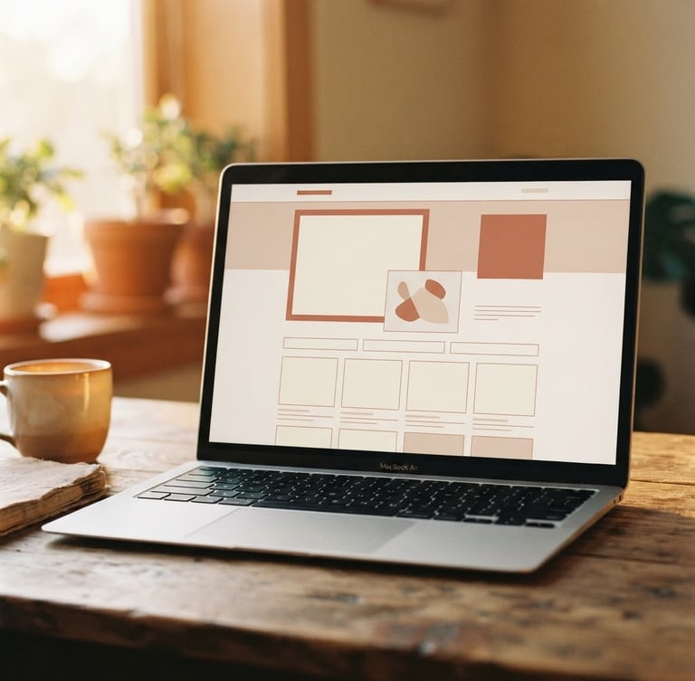 A clean laptop screen showing a minimalist web layout with soft terracotta accents, warm golden-hour window light, 35mm photography