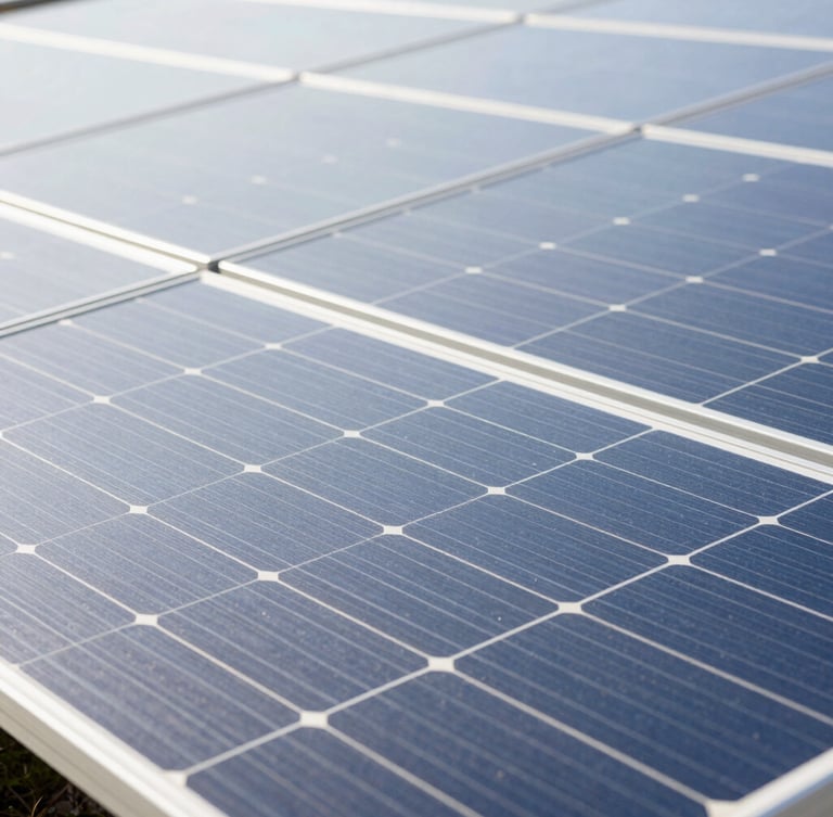A close-up of clean silicon solar panel grids under bright, high-key natural daylight, emphasizing geometric precision and modern engineering lines, 35mm