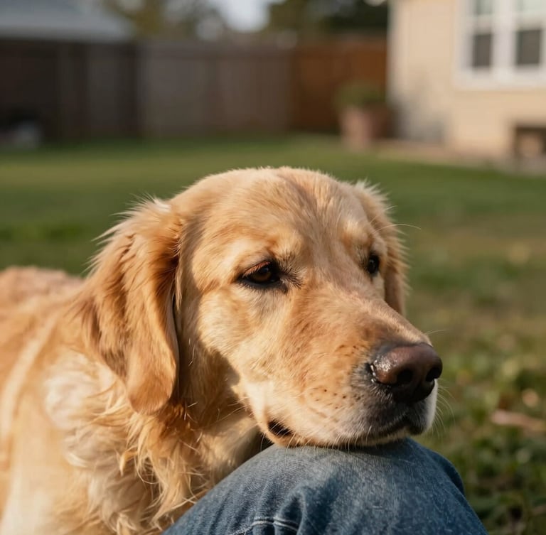 A warm, close-up photograph of a golden retriever resting its head on a volunteer's knee in a sunlit Indiana backyard, shallow depth of field, 35mm lens.