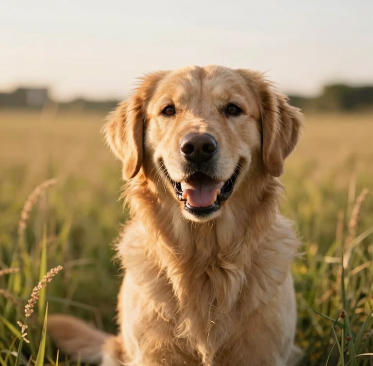 Eye-level close-up of a healthy, happy golden retriever mix sitting in tall grass under soft golden hour daylight, shallow depth of field, warm editorial style.