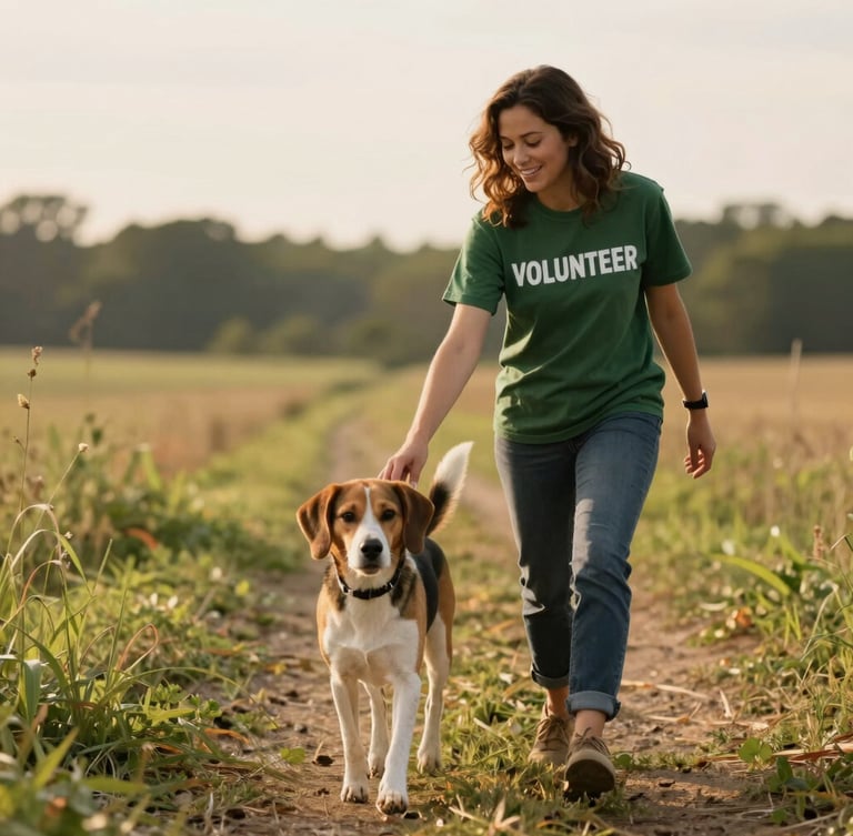 A cheerful volunteer in a green t-shirt gently walking a rescued beagle on a grassy trail in Indiana, warm overcast daylight.