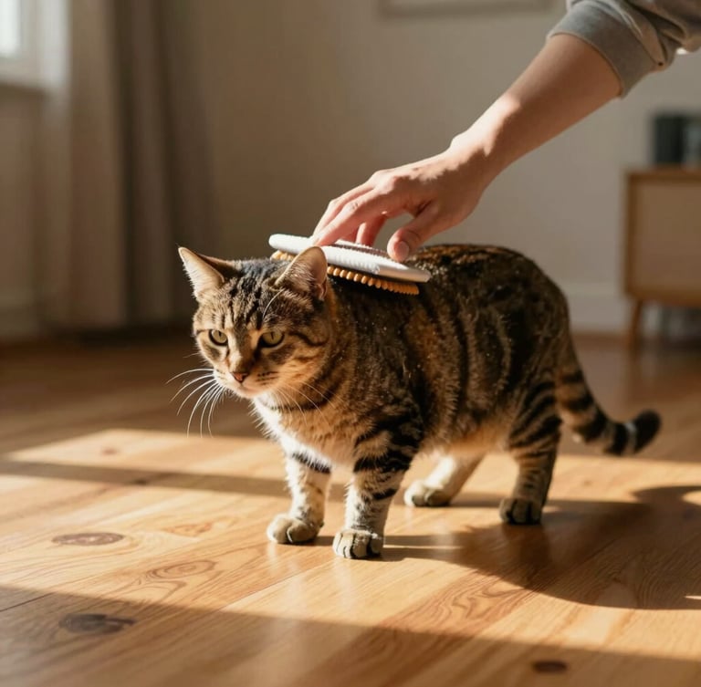 A warm domestic scene of an Indiana foster volunteer gently brushing a calm tabby cat on a sunlit wooden floor, soft natural light, cozy home environment, warm editorial style