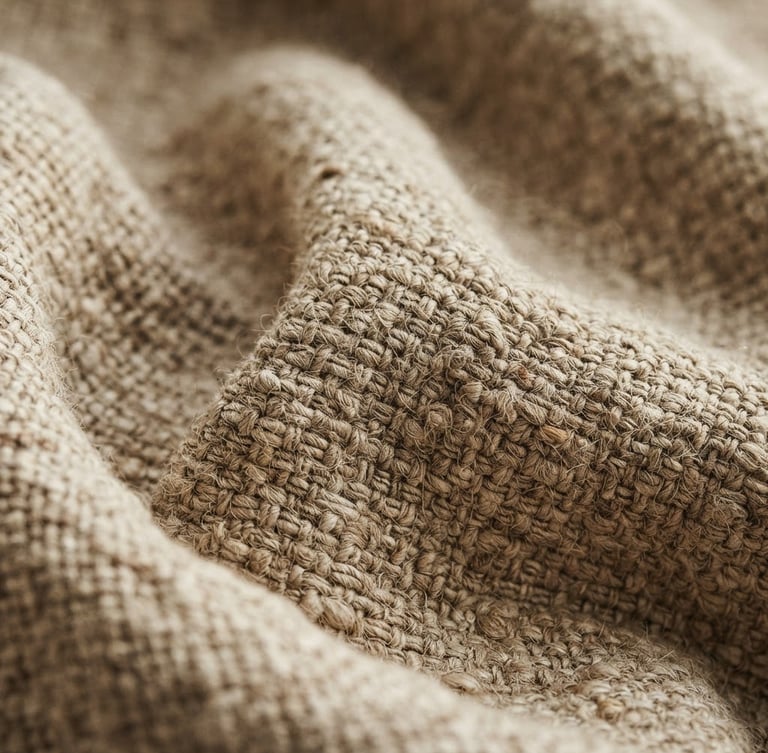 Macro texture shot of heavy-weight natural linen weave, soft diffused window light, gentle shadows in the deep folds, warm earth tones