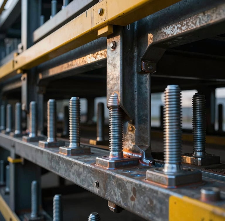Extreme close-up of heavy steel totem foundation bolts and structural welding, industrial safety-yellow accents, dramatic architectural lighting