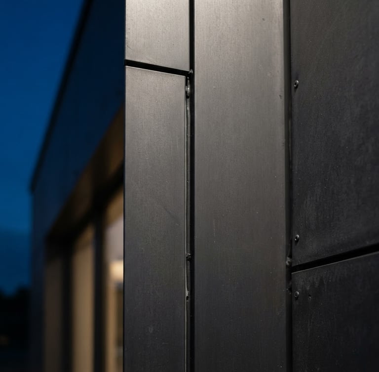 Extreme close-up of a dark grey aluminum composite panel joint, clean architectural line, raw steel texture, sharp daylight lighting, professional exterior photography.