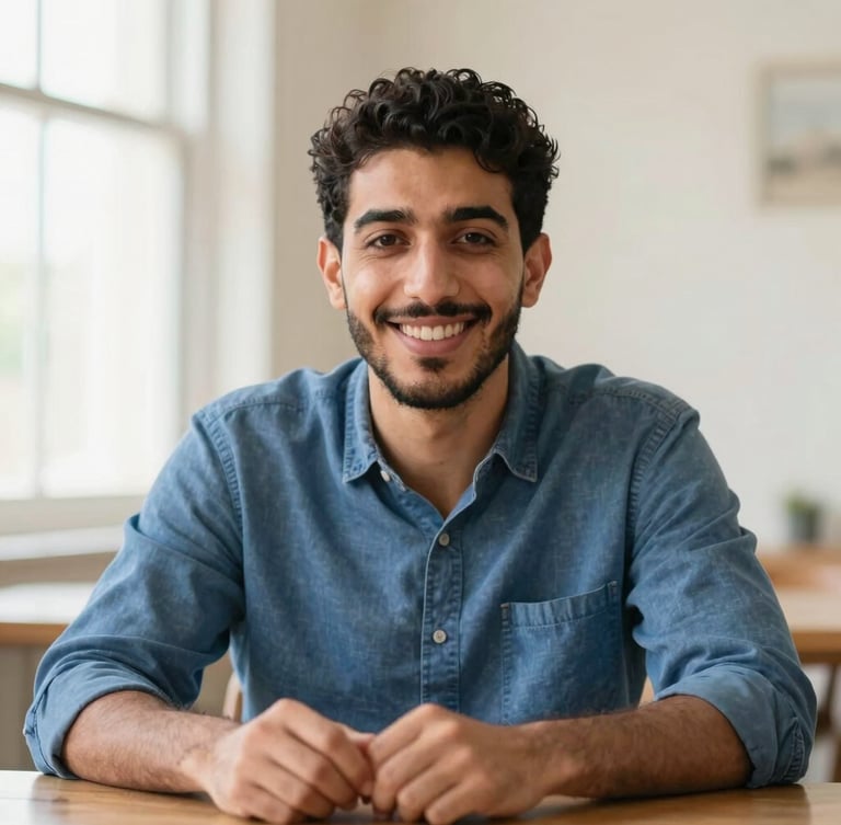Medium close-up of Khaled Amleh at a wooden table, wearing a casual blue shirt, smiling warmly and reassuringly at the camera, soft natural light, shallow depth of field.