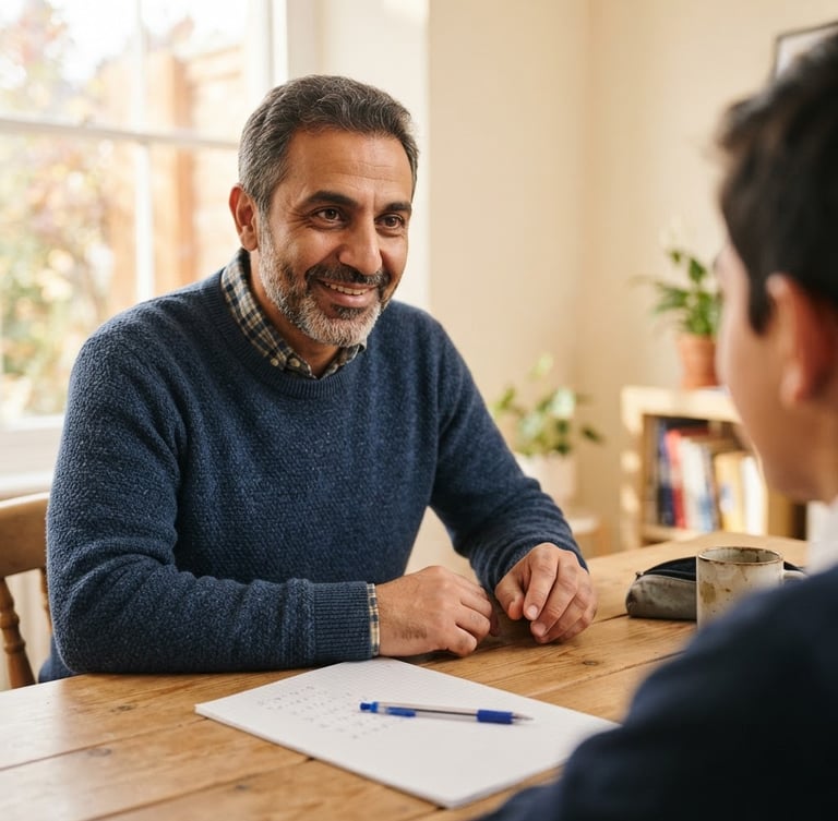A medium close-up of Khaled, a friendly middle-aged tutor of Middle Eastern descent, smiling reassuringly at a clean wooden desk with graph paper, warm window light