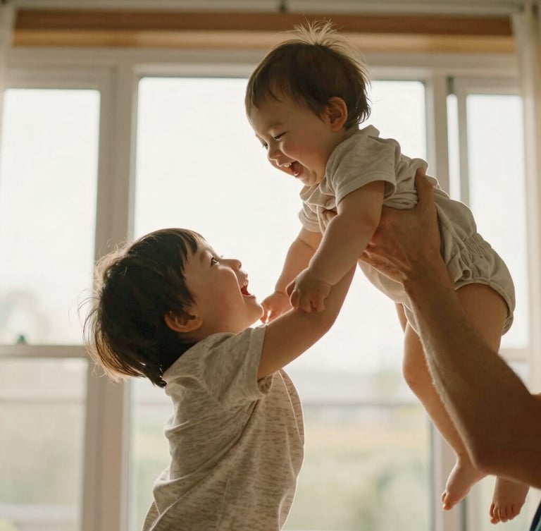 Close-up of a toddler laughing mid-air as their parent tosses them up, soft natural window light, joyful unscripted moment, warm cinematic lifestyle photography.