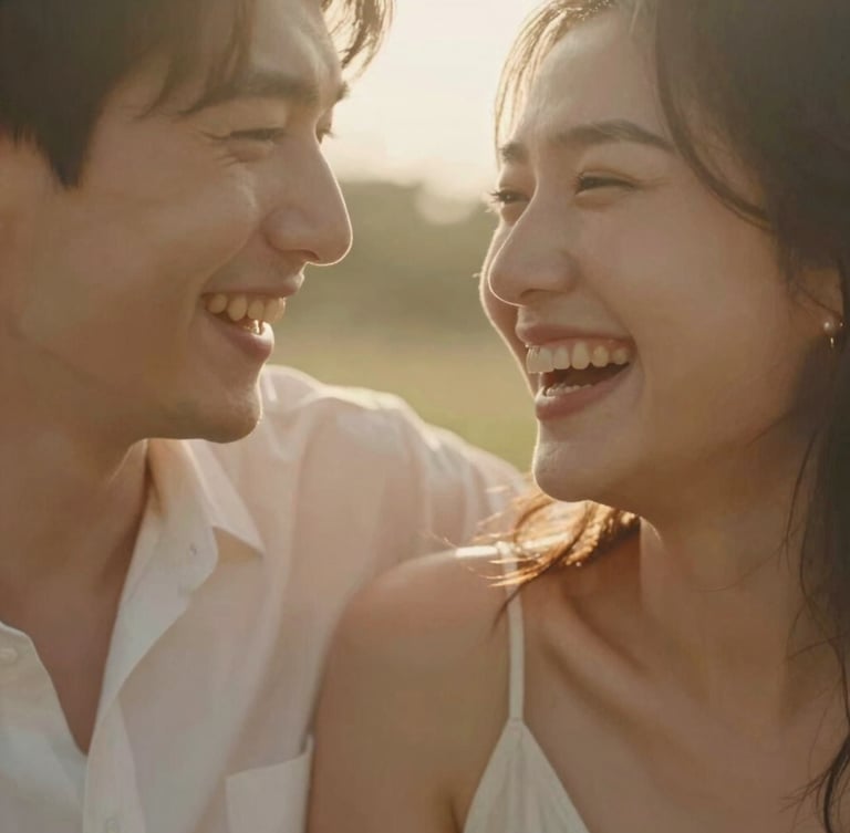 Close-up cinematic crop of a couple laughing candidly, warm sun-drenched backlighting, soft natural golden tones, shallow depth of field