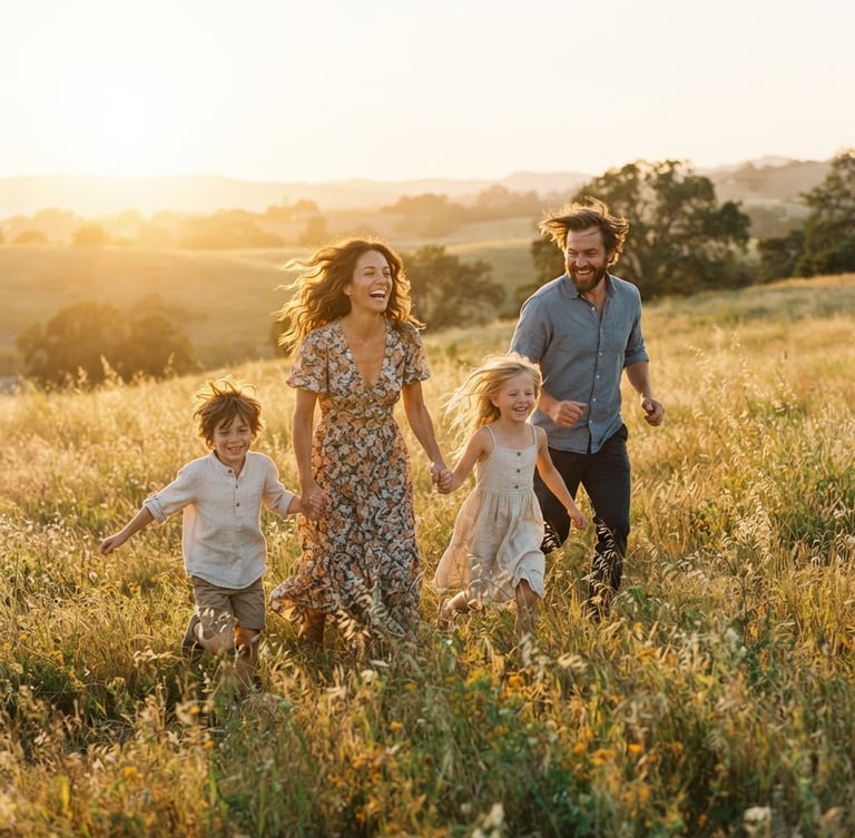 A candid medium shot of a young family running through an open California field at golden hour, wind-blown hair, warm sun-drenched backlighting, shallow depth of field, 35mm film look.
