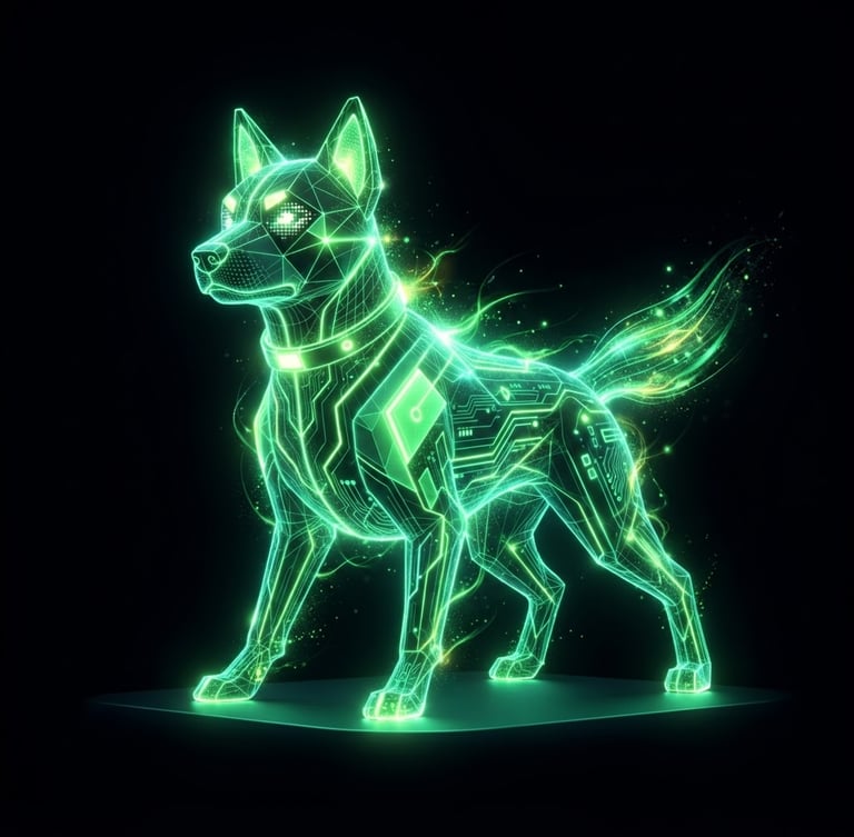 Sleek 3D digital render of a stylized neon-green holographic dog mascot, high-contrast glowing studio light, futuristic fintech aesthetic, solid black background