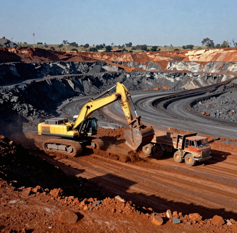 Industrial documentary photography of an active open-pit iron ore mine in Minas Gerais, massive hydraulic excavators loading orange-rust earth into heavy haul trucks under low-sun dramatic daylight, high contrast, 35mm.