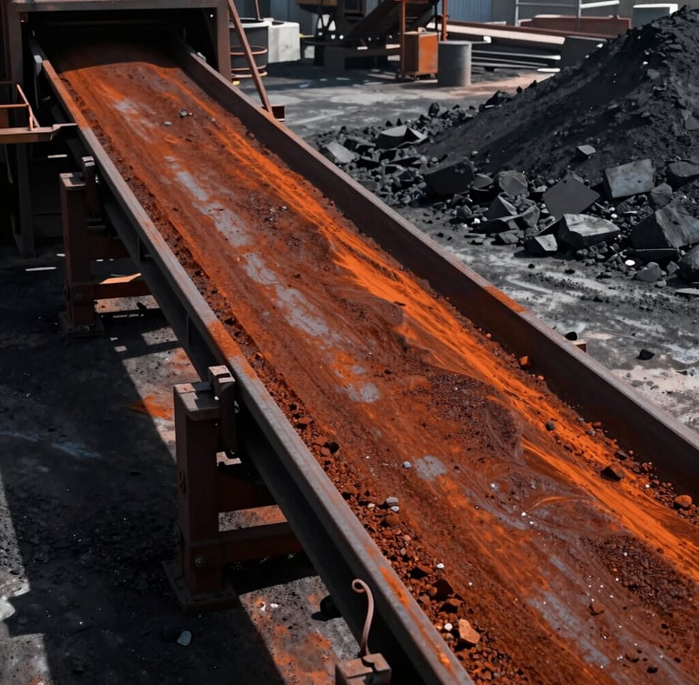 Industrial conveyor belt transporting raw iron ore from a processing plant, high contrast, dramatic low-sun lighting highlighting the textured rust-orange mineral dust, wide environmental shot, 35mm
