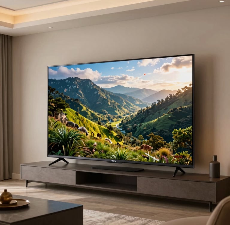 Wide environmental shot of a premium Bogotá living room, a massive 65-inch Philips Smart TV displaying a vibrant cinematic landscape on the wall, warm ambient lighting