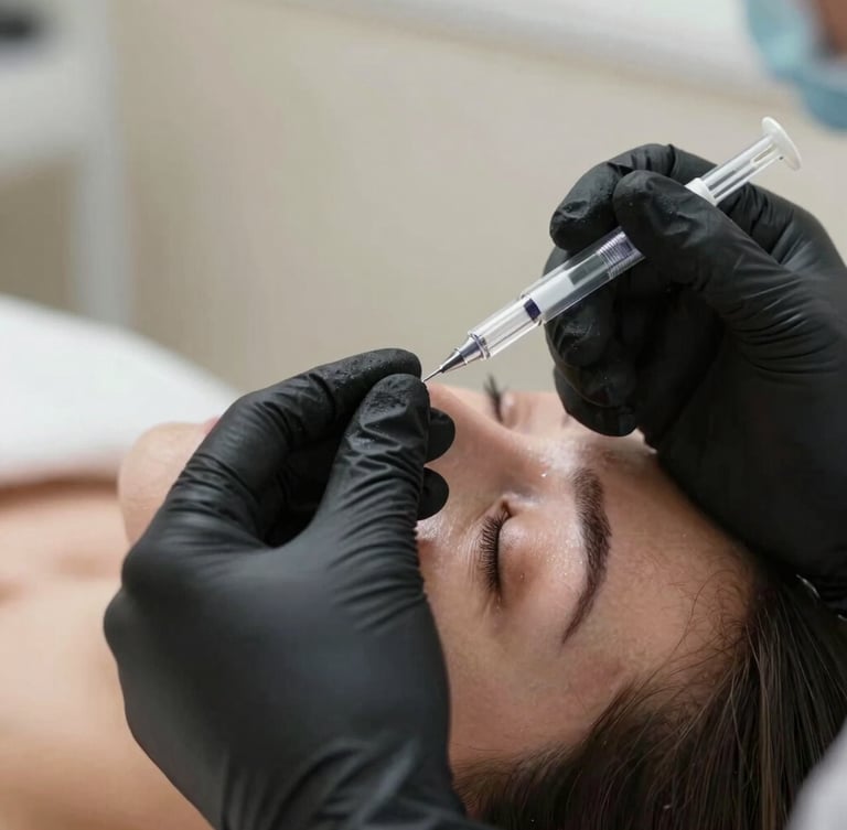 Close-up of dermatologist hands in sterile black gloves performing a precise facial injection, soft natural side light, focus on needle tip
