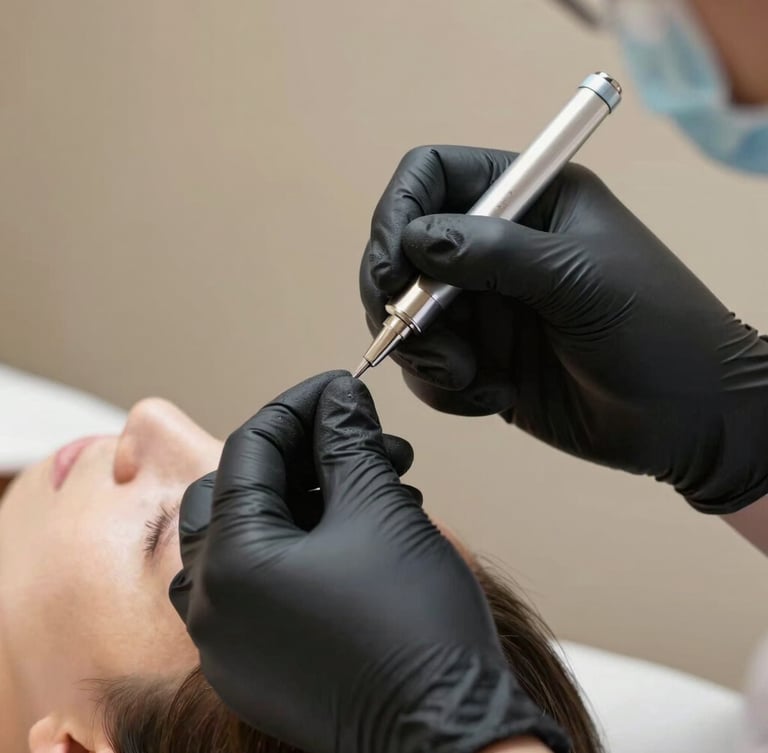A close-up of precise clinical hands in sterile black gloves performing an aesthetic procedure on a patient under soft, directional studio light, clean warm background.