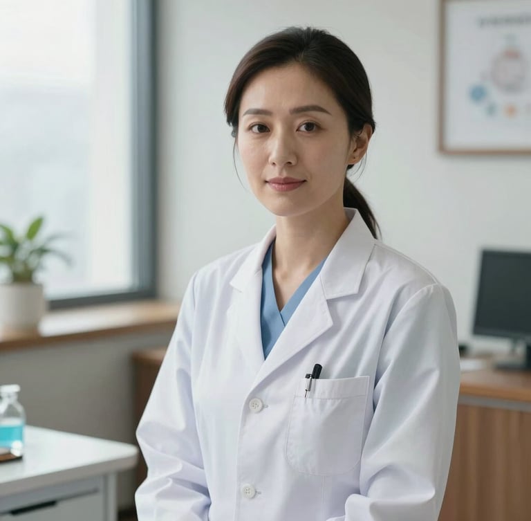 Elegant and natural portrait of a female clinician in a refined consultation room, soft natural light, professional and prestigious medical atmosphere.