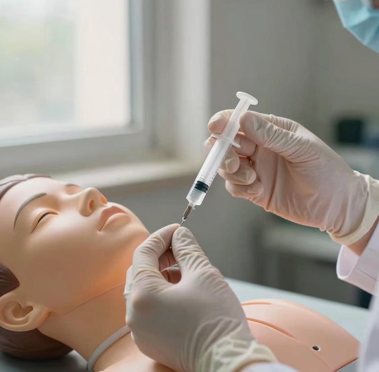 Close-up of precise hands-on clinical training, sterile gloved hands using a syringe on a simulated anatomical model, soft daylight coming from a side window, warm tones.
