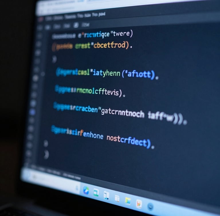 Macro close-up of clean code on a high-resolution screen with cool blue ambient glow, shallow depth of field, 35mm