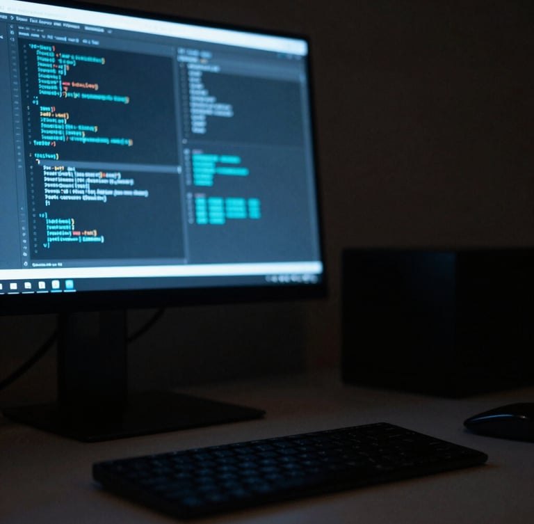 Macro close-up of a sleek minimalist desk setup at night, glowing monitor showing clean code and cyan data visualizations, low-key ambient lighting, 35mm.