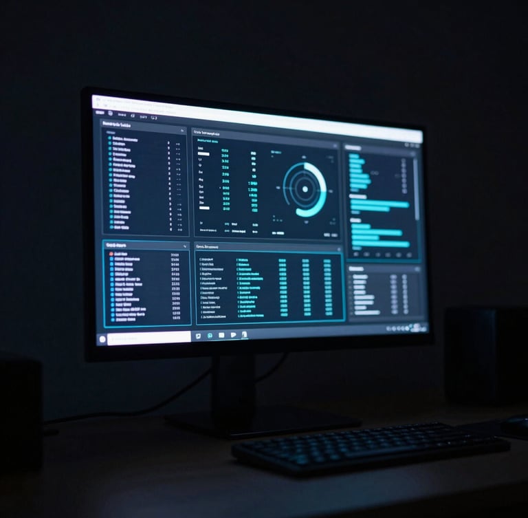 Sleek minimalist dark workspace with a glowing monitor displaying clean cyan data visualizations, low-key ambient screen glow, macro depth of field, 35mm
