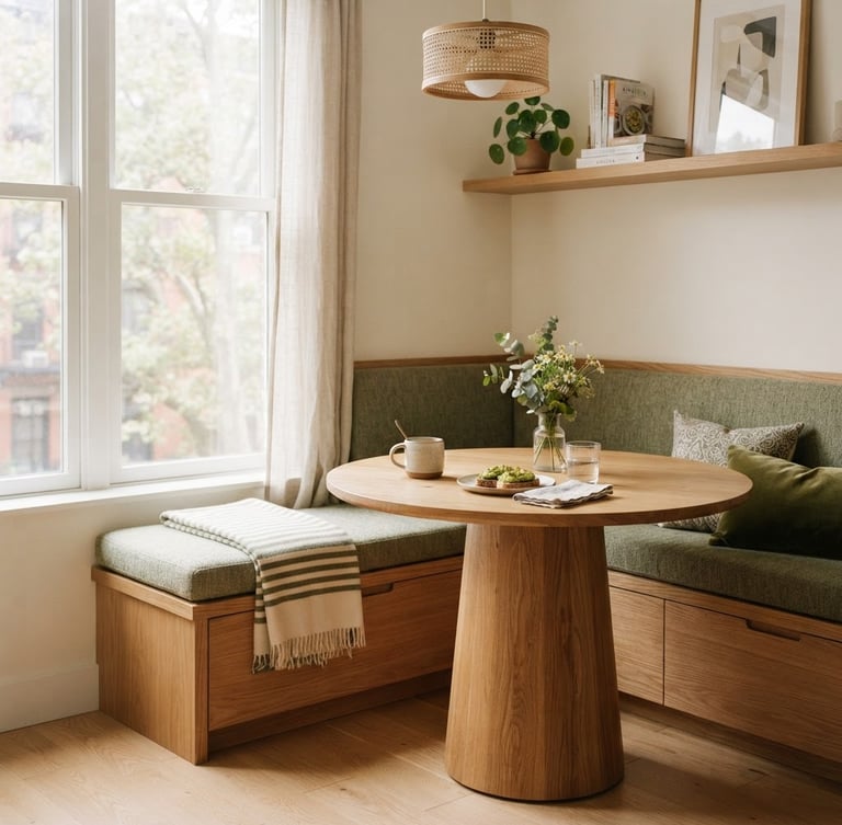 Warm editorial photography of a fully styled corner breakfast nook in a modern apartment, soft morning window light, rich oak wood, green fabric, showing spatial efficiency, shallow depth of field, 35mm