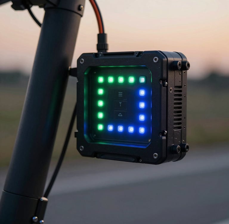 Close-up of a rugged vehicle telematics hardware unit glowing with green and blue LED status lights, mounted on an electric scooter frame at dusk.