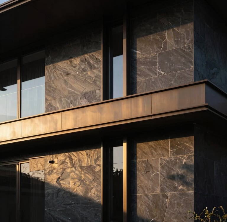 Low-key dramatic architectural detail of a modern luxury home exterior, dark slate and brushed bronze facade, sharp golden hour shadows, minimal composition.