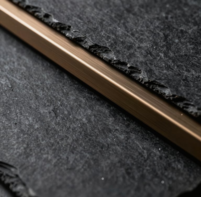 Macro architectural detail of premium building materials, dark slate panels meeting brushed bronze trim in sharp linear geometry, dramatic low-key lighting