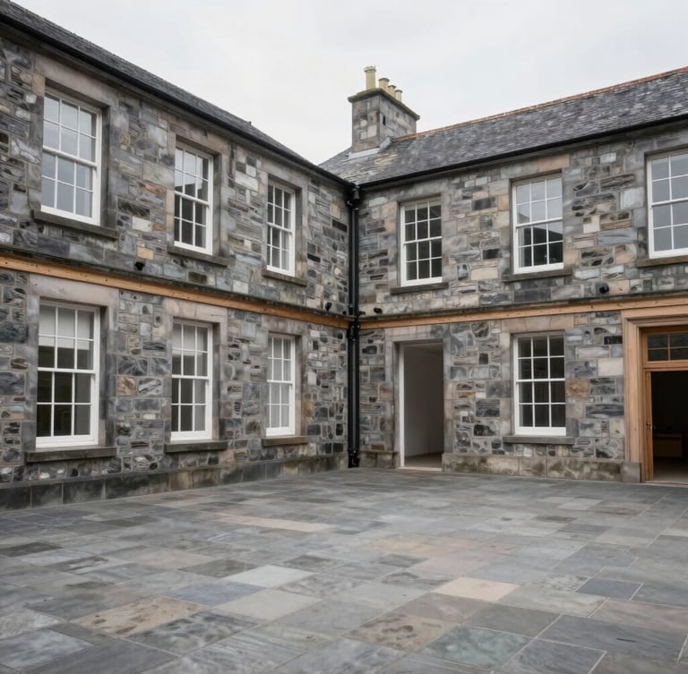Renovated interior of a commercial stone building in Scotland, clean timber joints, natural light from tall windows, ready-for-occupancy empty space