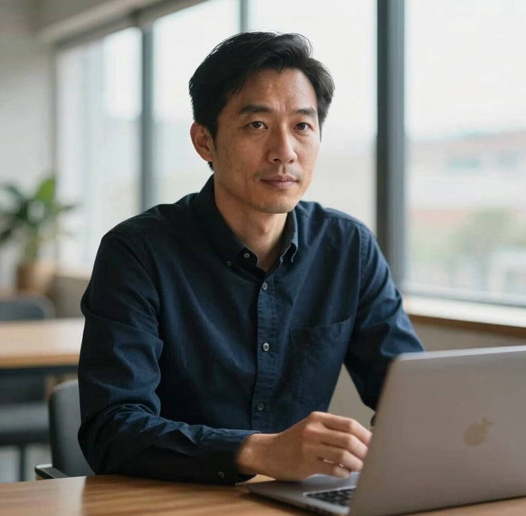 Editorial portrait of a focused B2B strategist in a modern workspace, soft natural window light, deep blue and rich tan tones, shallow depth of field, 35mm.