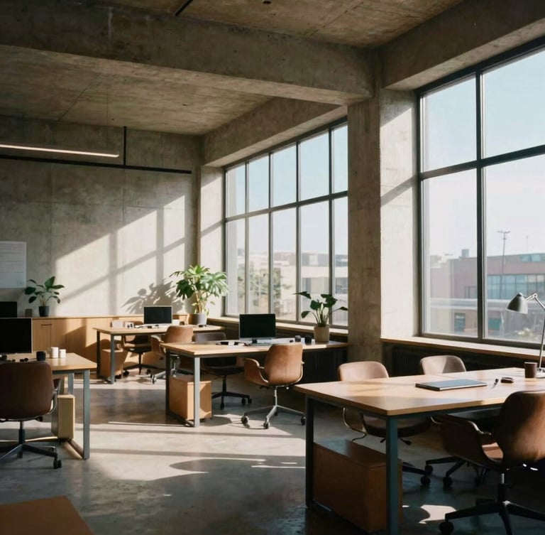 Editorial wide-angle architectural shot of a modern, sunlit concrete and glass creative workspace, soft shadows, warm tan accents, 35mm photography