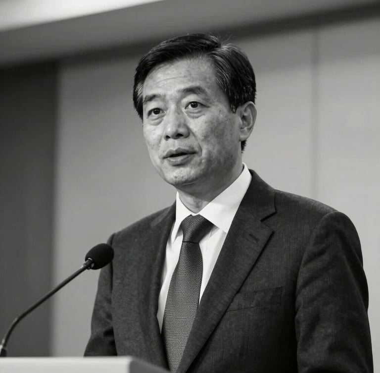 High-contrast black and white portrait of a corporate spokesperson speaking confidently at a press briefing, professional setting, soft focus background.