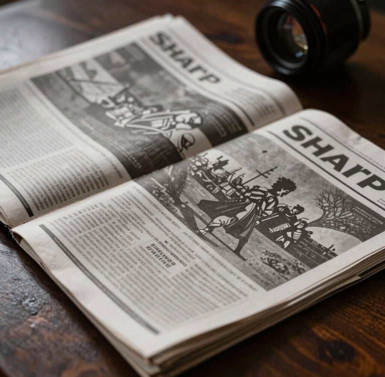 Sharp, high-contrast close-up of printed editorial layouts and broadsheet newspapers on a dark wooden table, dramatic side lighting highlighting the ink texture.