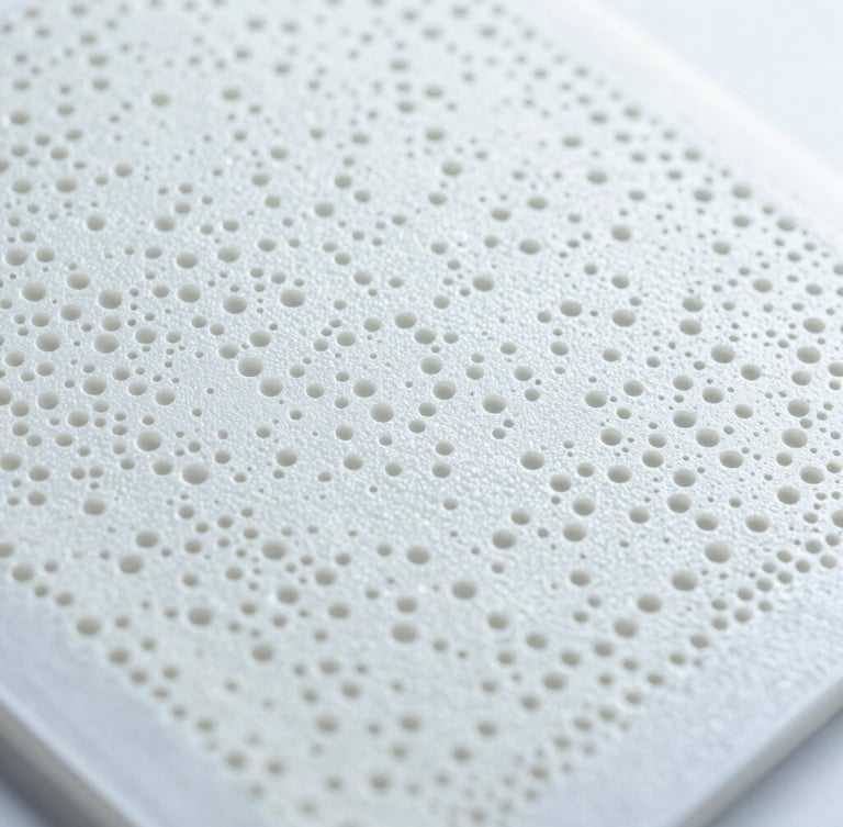 Extreme close-up of a biocompatible polymer membrane structure, porous medical grade material, sterile clinical laboratory lighting, cool white and slate tones