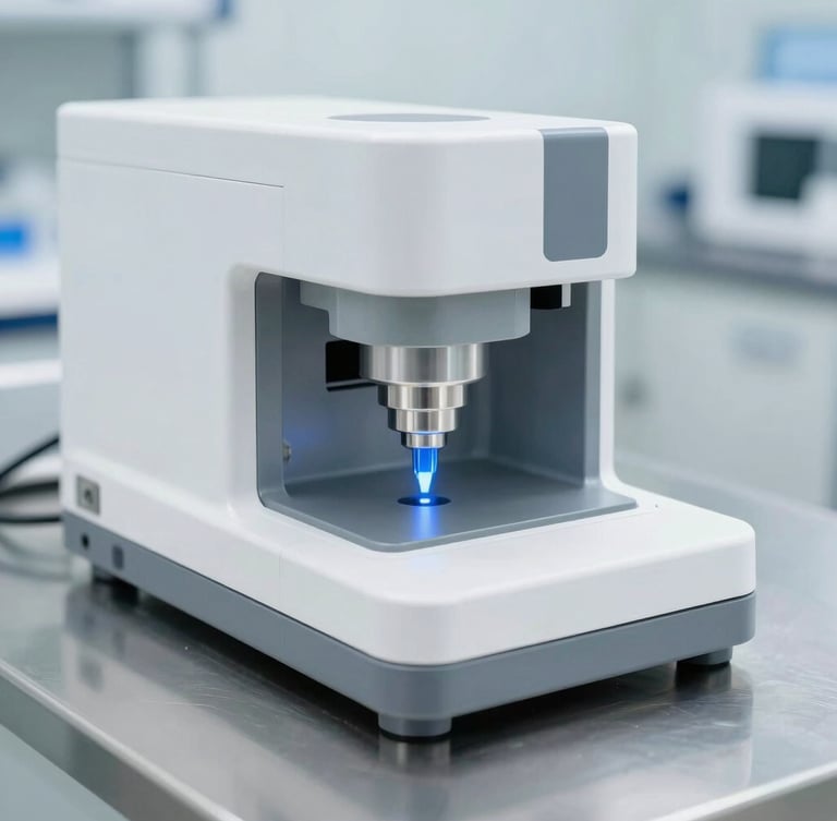 High-tech medical device prototype on a sterile stainless steel surface, precision laser-blue alignment guide visible, crisp laboratory environment