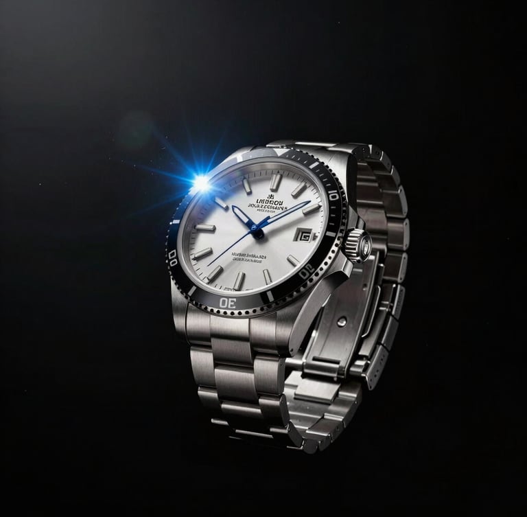 Ultra-wide 21:9 cinematic frame, a high-end luxury watch floating in absolute black space, dramatic side-lighting showing metallic dust particles, sharp anamorphic blue lens flare on the bezel.
