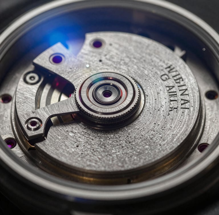 Extreme macro close-up of a premium watch movement, dramatic low-key side lighting, volumetric dust particles, anamorphic blue lens flare, photorealistic rendering.