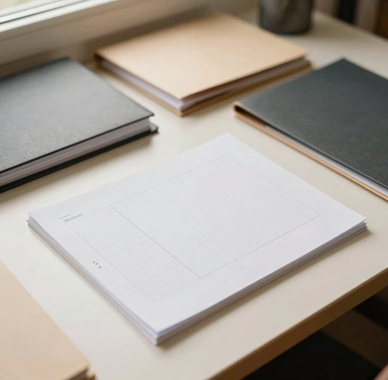 Overhead flat-lay of structured paperwork and neatly organized folders on a warm cream desk, soft natural window light, editorial composition, 35mm