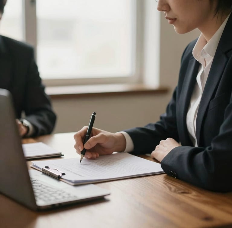 A professional consultation in a warm-toned office, structured paperwork on a wooden table, soft natural window light, shallow depth of field