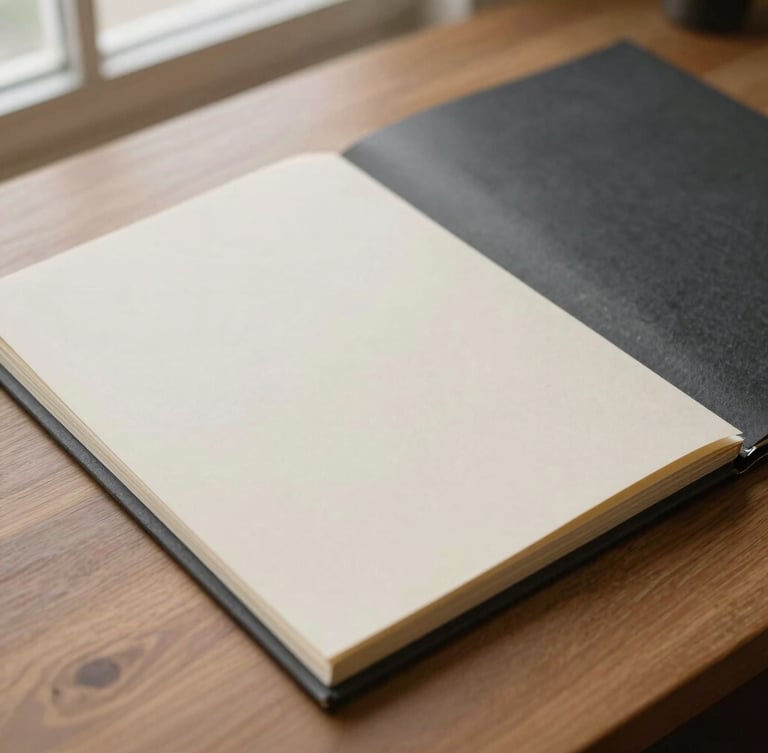 An overhead flat-lay of structured cream paperwork and charcoal folders on a warm wooden desk, soft natural window light, shallow depth of field