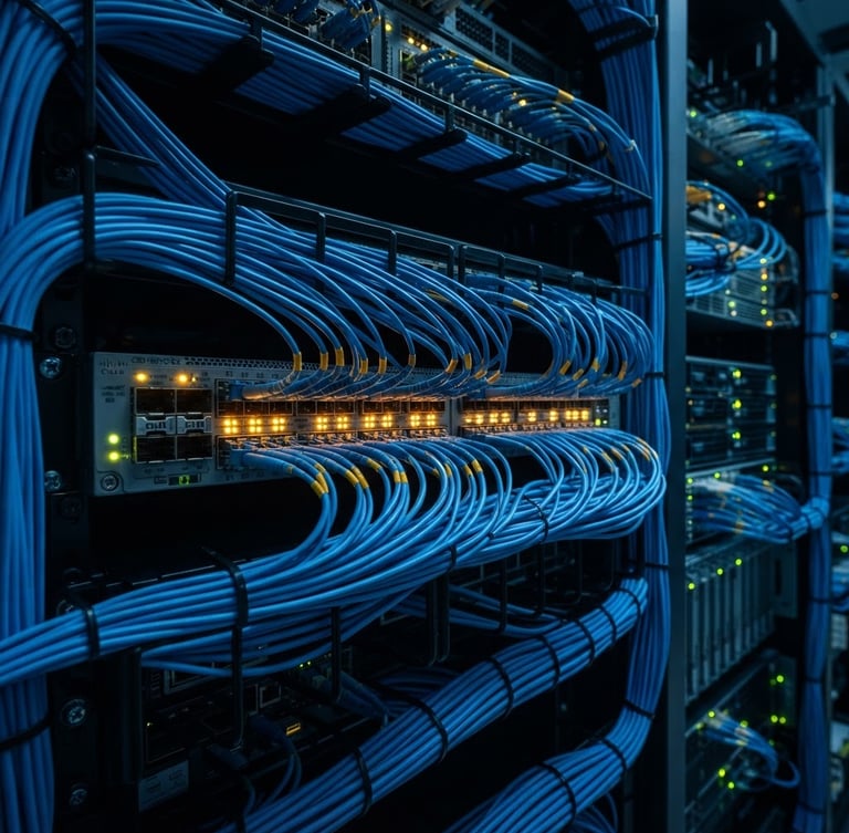 Macro photograph of organized blue fiber-optic cabling plugged into high-speed server switches, cool amber status LEDs, sharp focus, 35mm lens