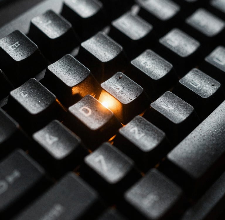 Extreme close-up macro shot of a rugged mechanical keyboard with custom keycaps, harsh single-source cold light from the side, deep shadows, amber terminal glow reflecting on the matte black keys, 35mm film grain.