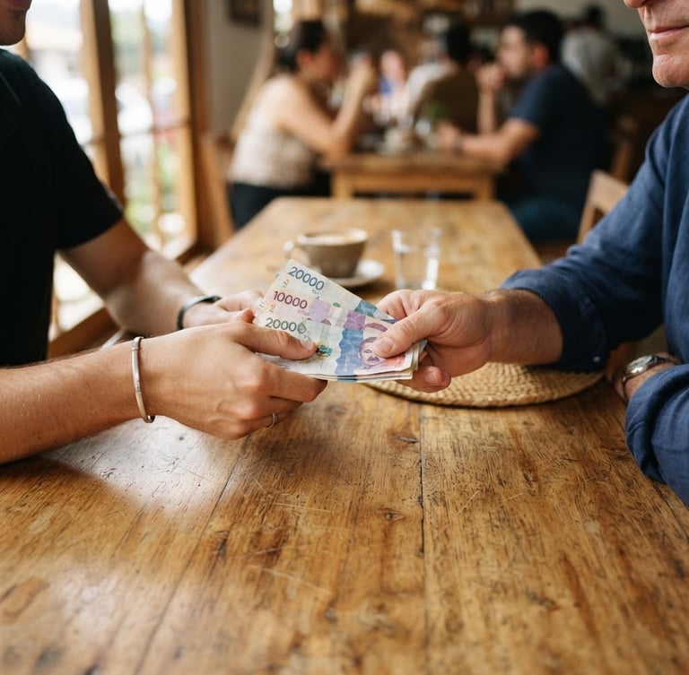Hands exchanging Colombian pesos over a clean wooden table, bright natural indoor lighting, 35mm photography
